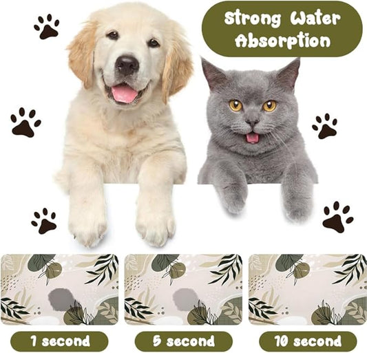 Dog Food and Water Bowl Mats - Waterproof, Absorbent Pet Feeding Placemats for Floors - Bohemia Tropical Leaves Design, 24 * 32 Inch