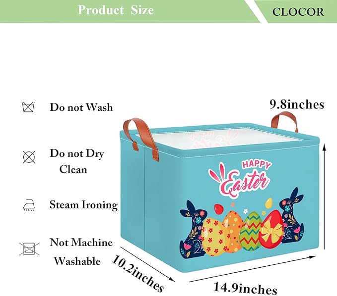 CLOCOR Rectangular Blue Easter Egg Gift Basket Empty,Waterproof Storage Basket with Handles,Room Decor(Blue Easter Bunny)