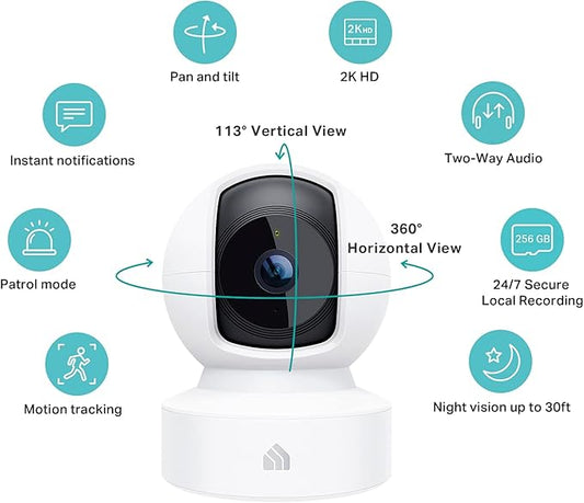 Kasa 2K+ Indoor Pan/Tilt Wired Security Camera - Works as a Baby Monitor & Pet Camera, Motion Detection & Tracking, 2-Way Audio, Night Vision, Subscription-Free Local Storage or Optional Cloud, KC410S