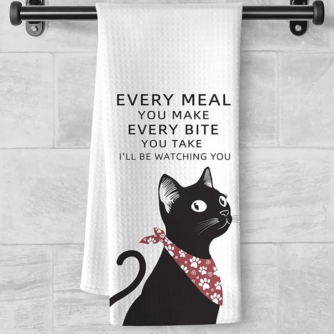 Cat Kitchen Towels - Quick-Dry 'Culinary Watchdog' Cat Hand Towels Observant Black Feline Art, Decorative Dish Towel for Amused Pet Moms | Whimsical Home Accent & Humorous Dining Companion Gift