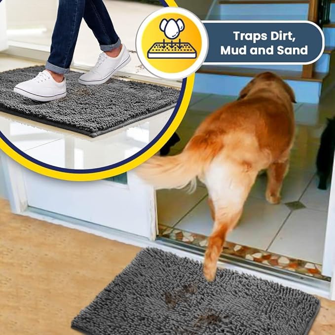Muddy Mat® | Super Absorbent Door Mat Indoor, Microfiber Quick Dry Chenille Entryway Rug, Non-Slip Front Door Mat, Indoor Mats for Entryway, Machine Washable Pet Rug, Grey 6ft x 9ft