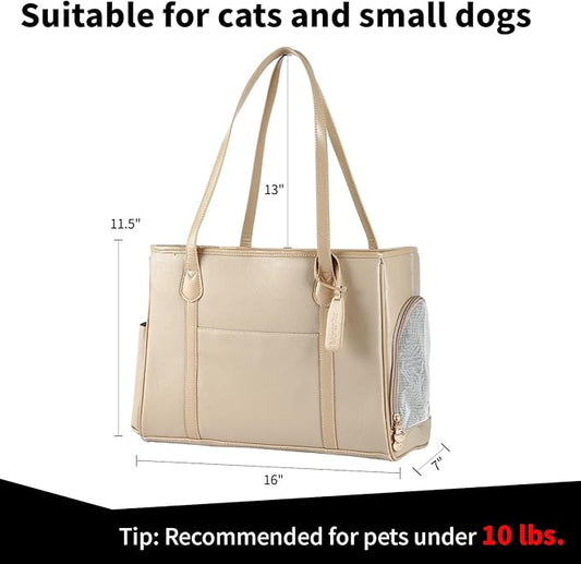 Stylish Dog Purse Carrier, Leather Pet Carrier Bag for Small Dogs Cats Puppy, Airline Approved Soft-Sided Carrier Ivory
