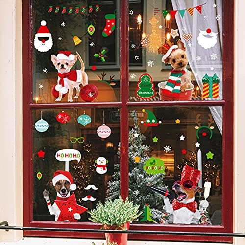 Christmas Window Cling Dog Stickers for Window Glass, 164 PCS 9 Sheets Xmas Decals Decorations Christmas Dog Tree Bells Decals for Holiday Party