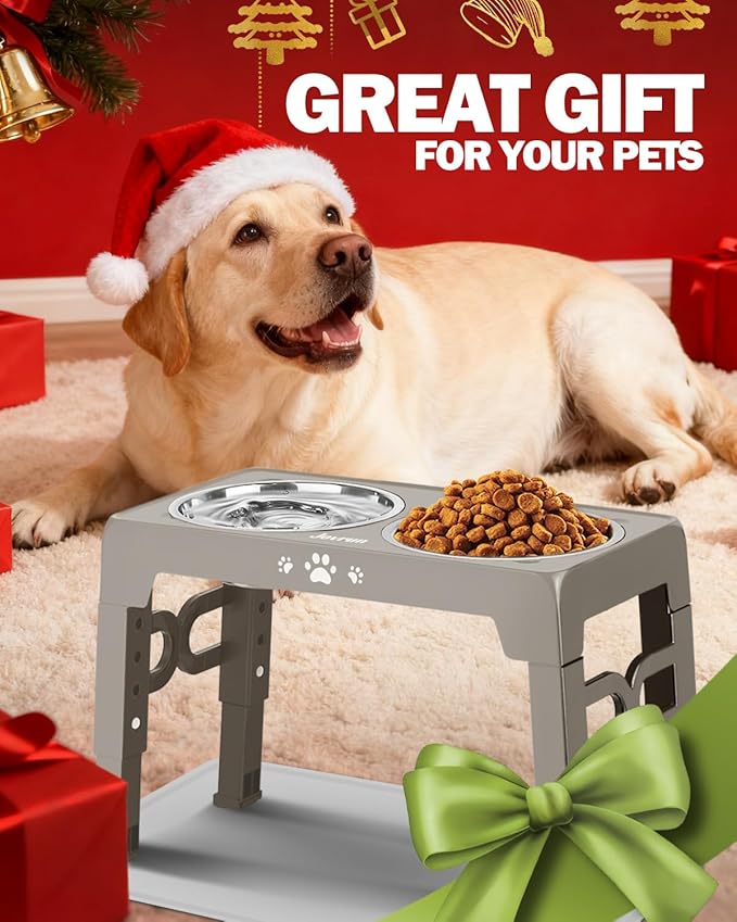 Elevated Dog Bowls with Mat, Non-Slip Dog Feeder with 1*Stainless Steel Dishes & 1*Slow Feeder Bowl, 5 Heights Adjustable Raised Bowls for 3.15″-8.66″-9.84″-11.02″-12.2″