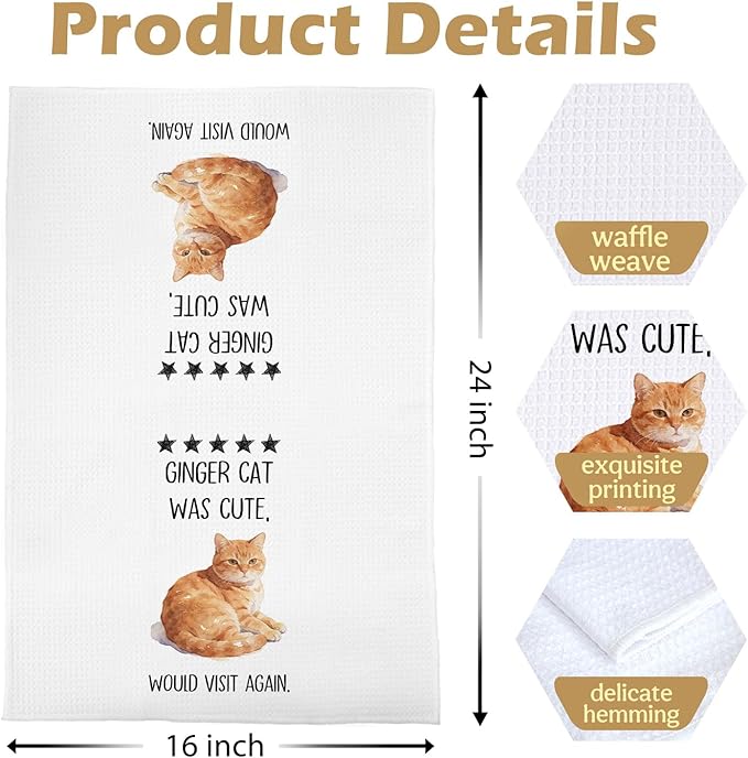 Orange Cat Kitchen Towels - Orange Tabby Cat Decorative Waffle Dish Towels, Ginger Cute Kitten Hand Towel for Mom Women, Kitty Pet Tea Towel for Kitchen, 16x24 Inch Set of 2