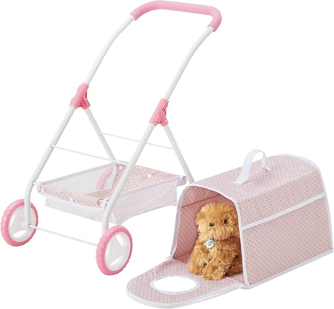 Olivia's Little World Polka Dots Princess Doll Animal Stroller with Detachable Toy Pet Carrier - Pet Doll Pram for 3 yrs and Up - Pink/Gray