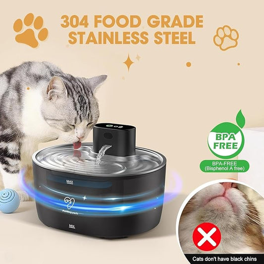 Wireless Cat Water Fountain Stainless Steel,108oz/3.2L Pet Water Fountain Battery Operated with 2 Modes, Ultra Quiet Motion Sensor Cat Water Dispenser (Black, 108 fl.oz/3.2 L)