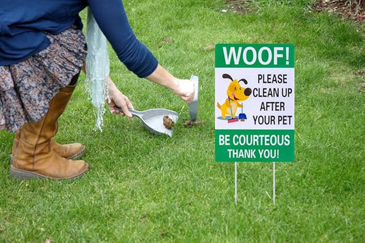 WaaHome Pack of 2 Double Sided Woof Please Clean Up After Your Pet Yard Signs with Stakes, 8"X12" Funny No Poop Pee Dog Yard Sign Lawn Sign