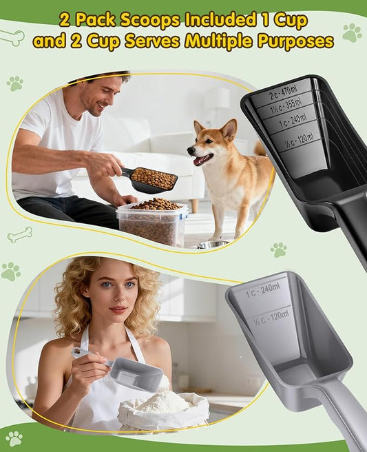 2 Pack Dog Food Scoop with 1 Cup and 2 Cup Capacity, Plastic Pet Food Measuring Scoops with Clear Measurement Lines for Dogs, Cats & More,Dishwasher safe (Grey and Black)