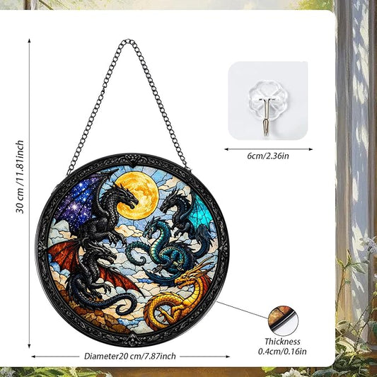 Stained Glass Window Hanging, 7.8″ Dragon Sun Catchers Art Decor Indoor Window, Decorative Suncatchers Hanging Ornaments Home Garden Birthday Gift for Men