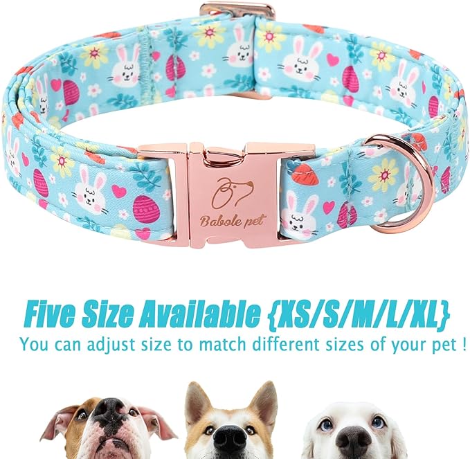 Easter Dog Collar, Cute Blue Bunny Easter Collar for Boy Girl Dogs, Adjustable Heavy Duty Spring Holiday Dog Collars for Small Medium Large Dogs with Metal Buckle S