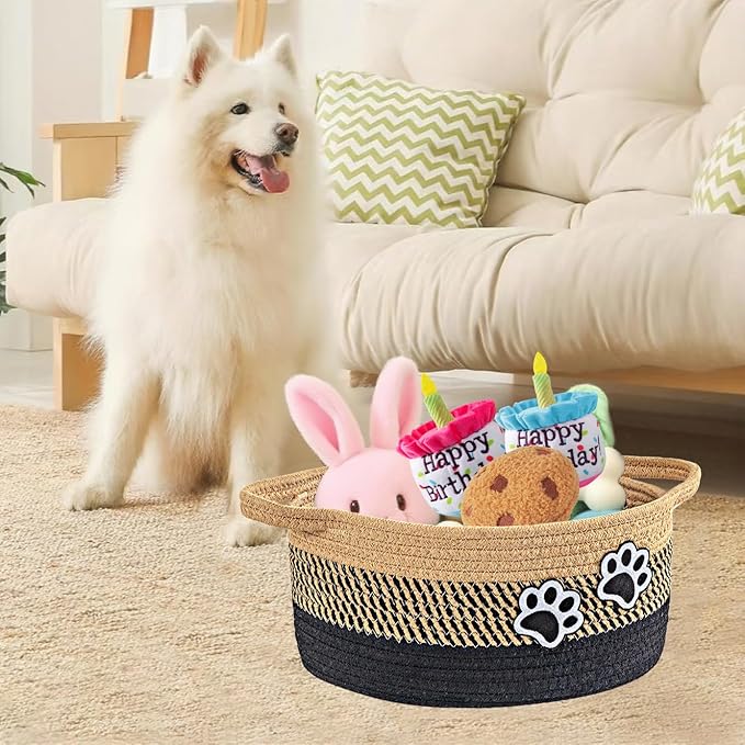 Small Woven Cotton Rope Nursery Organizer Bins, Dog Toy Basket Bins with Handle, Cute Empty Baby Gift Storage Baskets with Paw
