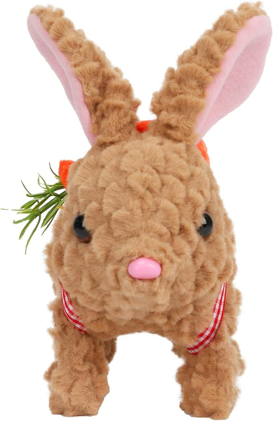 Hopearl Hopping Rabbit with LED Ears Carrot Backpack Interactive Plush Bunny Toy with Sounds Animated Walking Wiggle Light up Ears Twitch Nose Gift for Toddlers, Brown, 7''