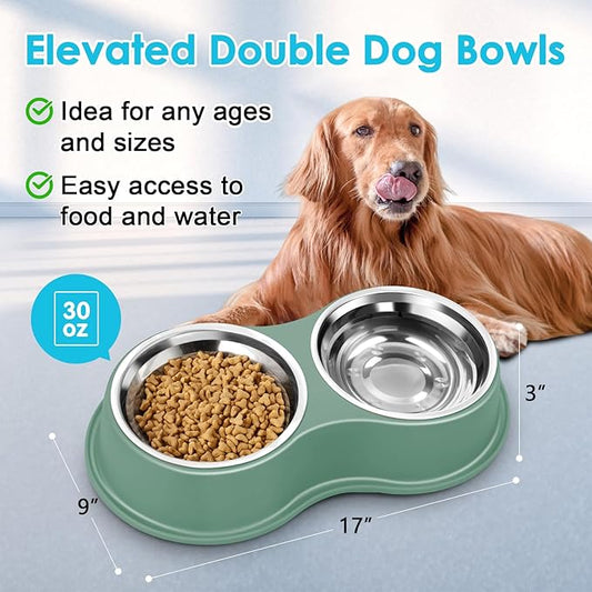 Large Double Dog Water and Food Bowls, Stainless Steel Bowls with Non-Slip Resin Station, Pet Feeder Bowls Food Dish for Small Medium Large Dogs Cats