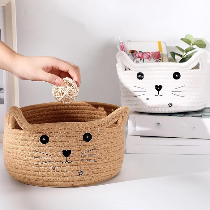 Zopeal Cat Basket Storage Woven Organizer with Ears Easter Decorative Pet Toy Cute Cotton Rope Basket for Gift Cat Dog Toy Bin Nursery Room(8.3 x 4.7 Inch,Khaki)