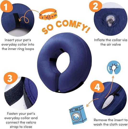 BENCMATE Inflatable Dog Cone Collar Alternative, Soft Dog Cone for Small Medium Large Dogs and Cats, Neck Recovery ECollar Donut Collar After Surgery (Large+, Navy Blue)