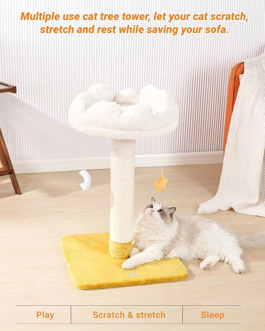 Happi N Pets 28" Tall Cat Scratching Post with Bed, Small Cat Tree for Indoor Cats, Thick Cat Scratch Post with Cloud-Shaped Soft Perch & Cute Toys, Stable Cat Stand, Removeable Cover, Bounus Catnip