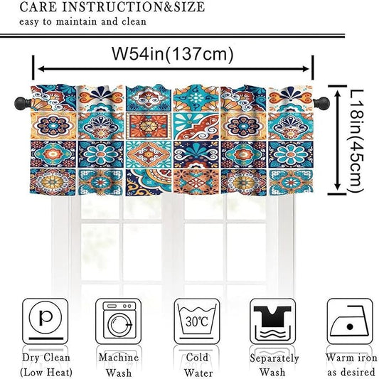 Mexico Fiesta Valance Curtains Blue Mexican Fiesta Dia De Los Muertos Pattern Window Treatment Valances Short Curtains Rod Pocket Drape for Dining Room Home Kitchen Decor, 54x18inch