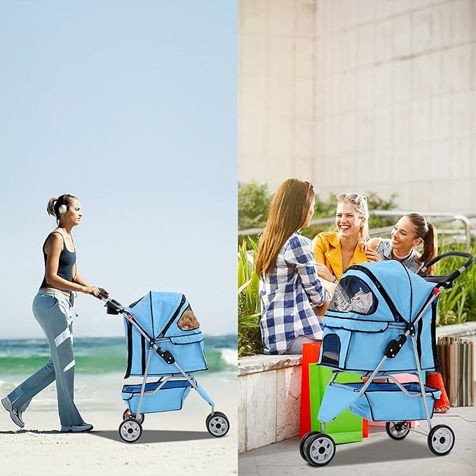 Best 3 Wheels Pet Stroller for Dog Stroller Cat Stroller, Lightweight and Foldable Pet Jogger Stroller, Carrier Strolling Cart W/Cup Holders Removable Liner for Small and Medium Dog Cat or Pet - Blue