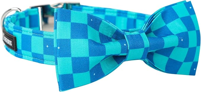 Maca Bates Blue Checkered Dog Collar with Bow Tie Plaid Puppy Bowtie Collars Fancy Gingham Collar for Summer Adjustable Durable Soft Breakaway for Boy Male Gentleman Dogs Pet,Extra Large