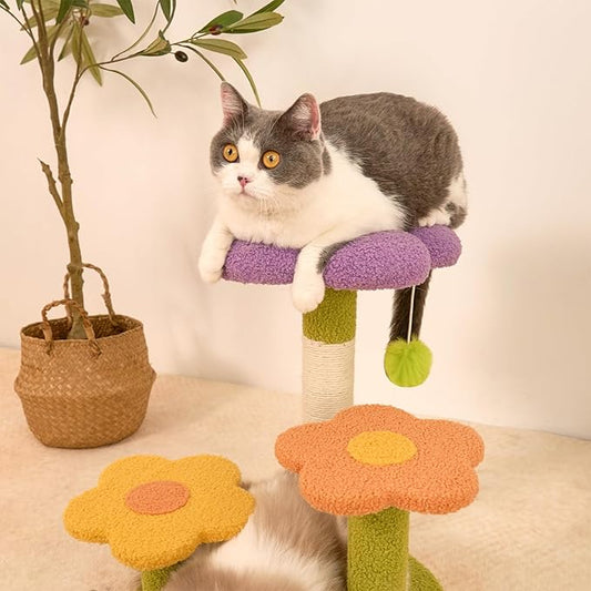 Flower Cat Trees, Flowers Scratching Post Kitten Tree 18" High 3-PLY Cat Tower, Cozy Fluffy Cute Cat Condo for Kitten Indoor Activity