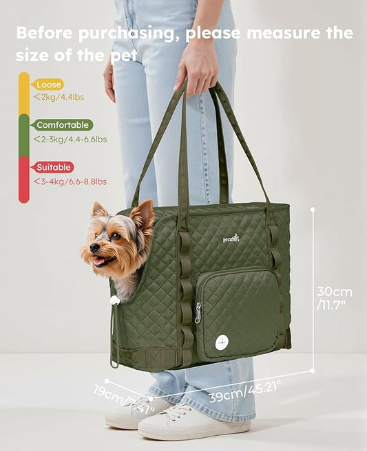 Pecute Dog Purse Carrier, Dog Carrier with Pockets for Small Dogs, Fits Dogs 5 lbs to 9 lbs, Cat and Puppies Tote Bag, Outing, Travel, Vet, Green