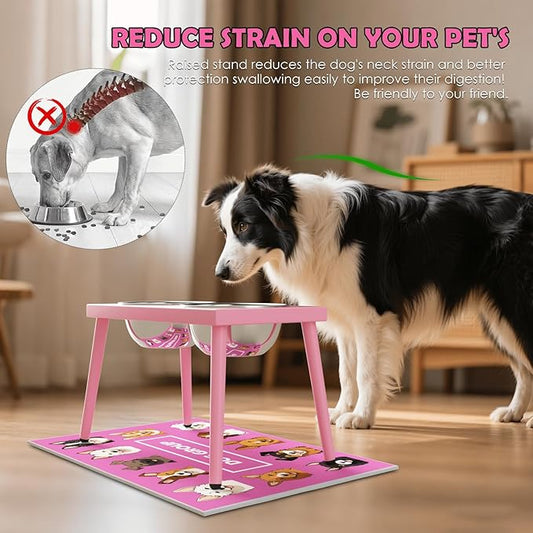 Adjustable Elevated Dog Bowl Stand with Slow Feeder, 2 x 58oz Stainless Steel Bowls, Raised Food and Water Holder for Medium and Large Dogs, Pink