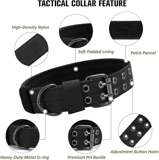 Tactical Dog Collar Military Adjustable Dog Collars Soft Nylon Training Collar with Patch Heavy Duty Metal Buckle Collars for Medium Large Dogs (Black-1, M)