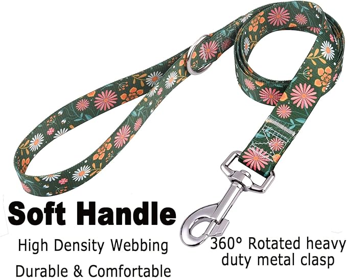 Dog Collar and Leash Set with Bohemia Floral Tribal Geometric Patterns - Soft Ethnic Style Collar Adjustable for Small Medium Large Dogs(Dark Green Flower Set,M)