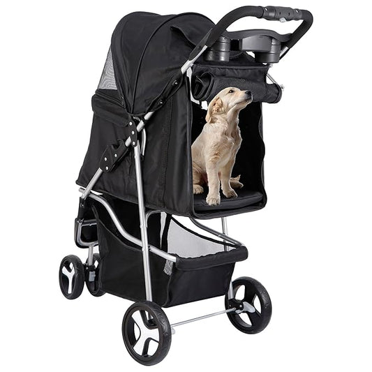 3 Wheels Dog Stroller, Pet Strolling Cart with Skylight Storage Basket Cup Holder Storage Tray, Animal Carrier for Medium Small Dogs and Cats, Easy Walk