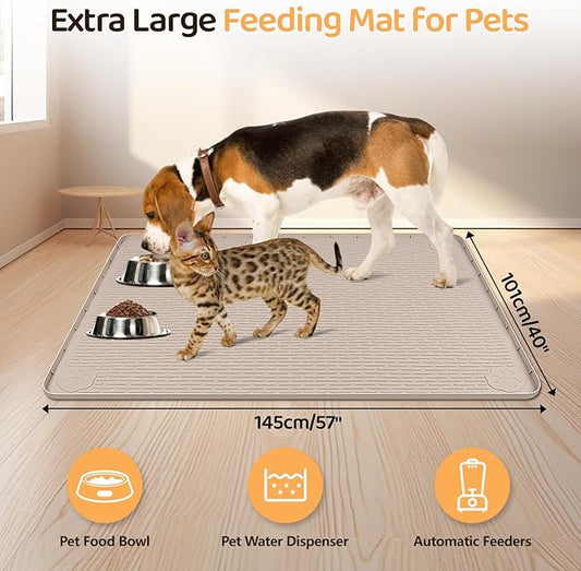 Dog Food Mat, Extra Large 57" x 40" Silicone Pet Feeding Mat with Raised Edge Pet Placemat for Small, Medium, and Large Pets Non-Slip, Easy to Clean (Khaki)