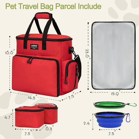 LARIPOP Dog Travel Bag Airline Friendly for Small Medium Large Dogs, Pet Travel Organizer with Collapsible Bowls Food Containers Mat, Waterproof Portable Tote for Dog Outdoor Travel
