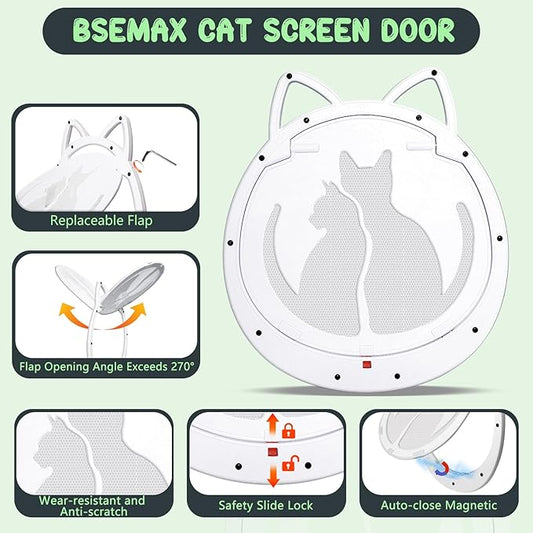 Cat Door for Screen Door, Cat Doors with Lockable Magnetic Flap, Inside Openning 10x10x0.5 inch, Pet Screen Doors Built-in for Puppy, Cats Up to 20 lbs, Equipped with Installation Tools, White