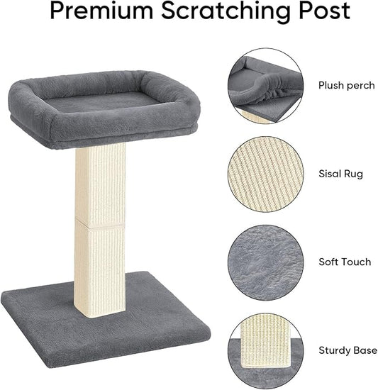 AGYM Cat Scratching Post, 32”Cat Scratcher with Large Plush Perch, Sisal & Carpet Scratching Post, Vertical Posts with Elevated Bed for Indoor Cats, Removable& Washable Cover, Grey
