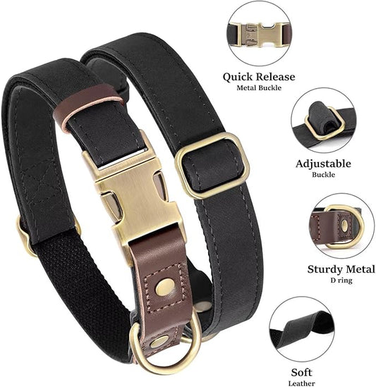 Didog Soft PU Leather Dog Collar for Large Dogs,Classic Adjustable Dog Collars with Quick Release Metal Buckle,Easy Clean and Comfortable with Nylon Lining,Black,L Neck 16-23"