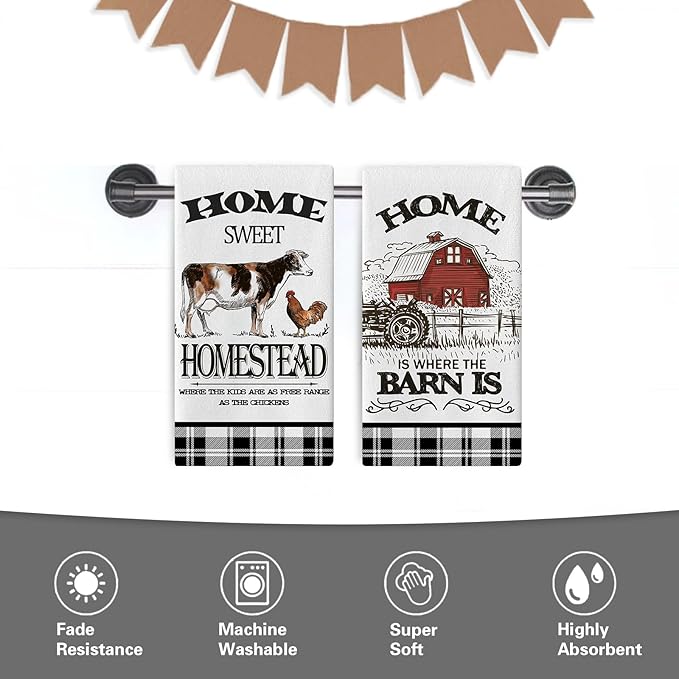 Farm Animals Kitchen Dish Towels Set of 2, Farmhouse Cow Rooster Barn Drying Hand Towel Baking Cooking Cloth, Homestead Tractor Sweet Home Decoration 18 x 26 Inches