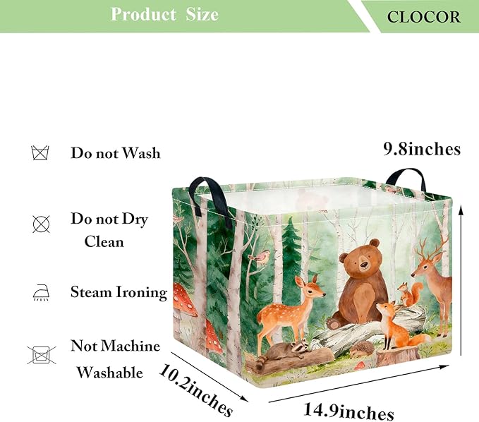 CLOCOR Rectangular Storage Basket,Collapsible Cute Pattern Storage Bin,Waterproof Books Box with Handles,Gift Basket(Forest Animals)