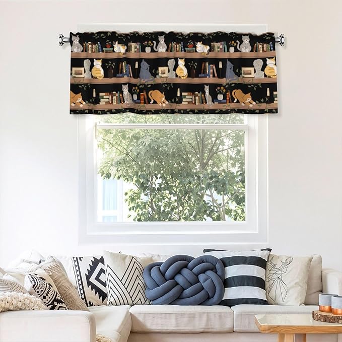 Bookshelf Cat Curtain Valance Short Rod Pocket Window Treatment for Living Room Bedroom Kitchen Bathroom 1 Panel 54" W x 18" L