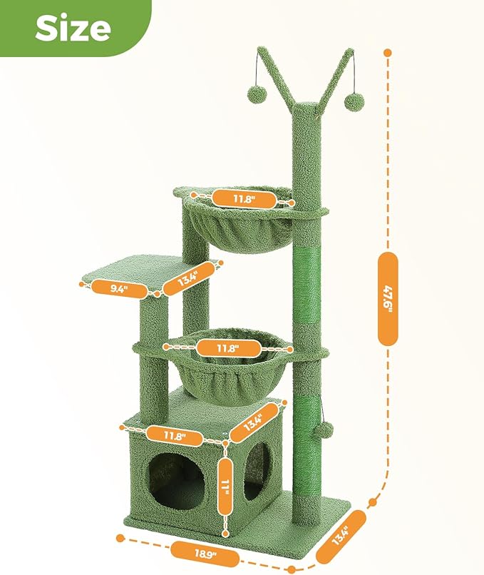 MUTTROS Cactus Cat Tree, 47.6" Cat Tower with 2 Metal Frame Hammock, Cat Scratching Post for Indoor Cats with 2 Removable Pompom Sticks for Kittens, Green