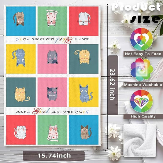 Quick-Dry Cat Kitchen Towels - Multi-Kitten Mosaic Art with 'Cat-Adoring Girl' Motif, Hand Towel & Dish Cloth for Women Who Cherish Kittens & Pet Mom Devotees - Perfect for Decorating Your Kitchen