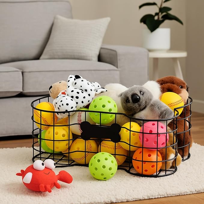 Vesici 2 Pack Metal Dog Toy Baskets Bone Shaped Dog Toy Storage Bins Container for Living Room Pet Chew Toys Chest Organizer Holder 16 x 12 x 6 Inch &15 x 11 x 6 Inch