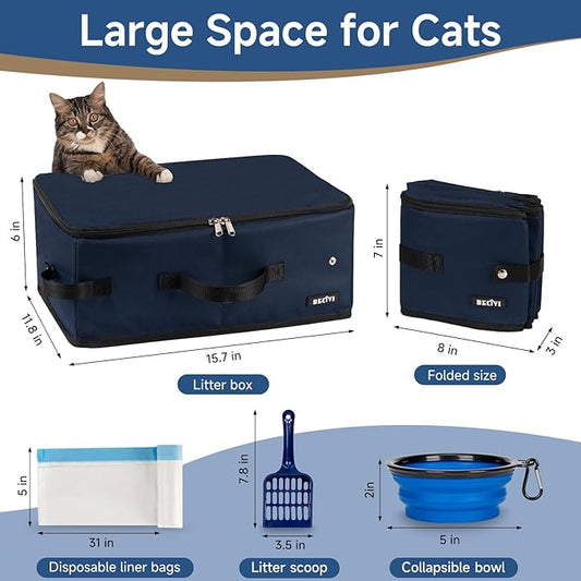 Portable Cat Travel Litter Box with Lid and 10 Pcs Disposable Liner Bags, Leak-Proof & Collapsible, Easy Clean Odor-Control Cat Travel Essentials for Car, Hotel, Airplane, Camping,Trips Navy