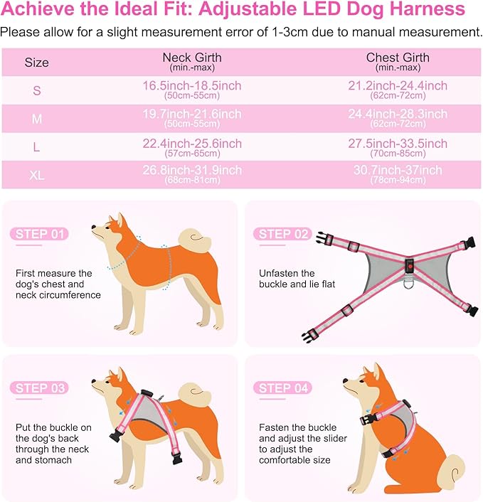 Visinite LED Dog Harness, USB Rechargeable Light Up Dog Vest, 2 Illuminate Modes Glow in The Dark Dog Harness, Adjustable Lighted Pet Harness Light for Night Walking Safety (Pink, L)