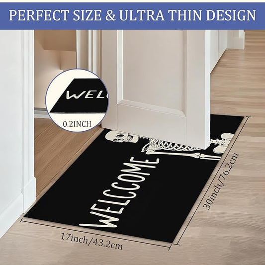 Indoor Rugs for Entryway,Gothic Skeleton Welcome Mat for Home,Halloween Skull Low Profile Entrance Rugs Non-Slip Doormats for Back Door Patio, Porch,Home Stairway,30 x 17 Inch