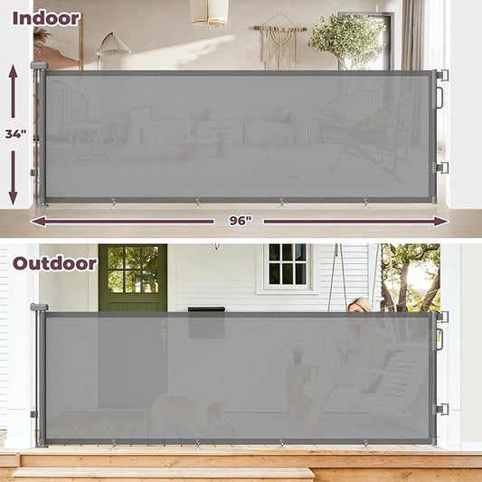96" Retractable Baby Gates Large Openings, Extra Wide Mesh Dog Gate for Garage Deck Porch, Strong Suction Disc Prevent Crawling Under, 34" Tall Long Safety Gate for Child Indoor Outdoor, Gray