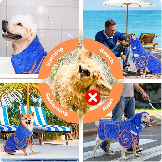 SlowTon Dog Bathrobe Towel - Super Absorbent Microfiber Pet Quick Drying Towel, Wearable Soft Bath Robes for After Bath Shower Swim Wet Walk, Adjustable for Small Middle Large Dogs (Blue, L)