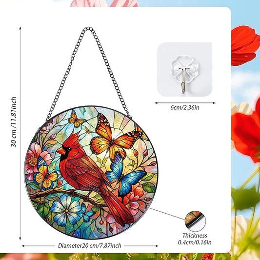 Stained Glass Window Hanging, 7.8″ Cardinal Sun Catchers with Hook Indoor Window Bird Butterfly Decor, Decorative Suncatchers Hanging Ornaments Home Garden Art Gift for Housewarming