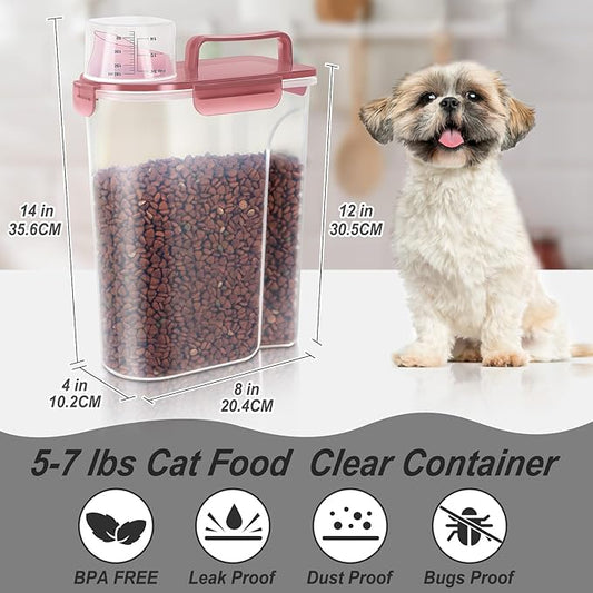 5-7Lbs Dog Cat Food Storage Container with Upgraded Large Nozzle BPA-free, 4 Snap Seals Plastic Pet Food Storage Containers with Handles (Clear Pink, 5L-1pack)