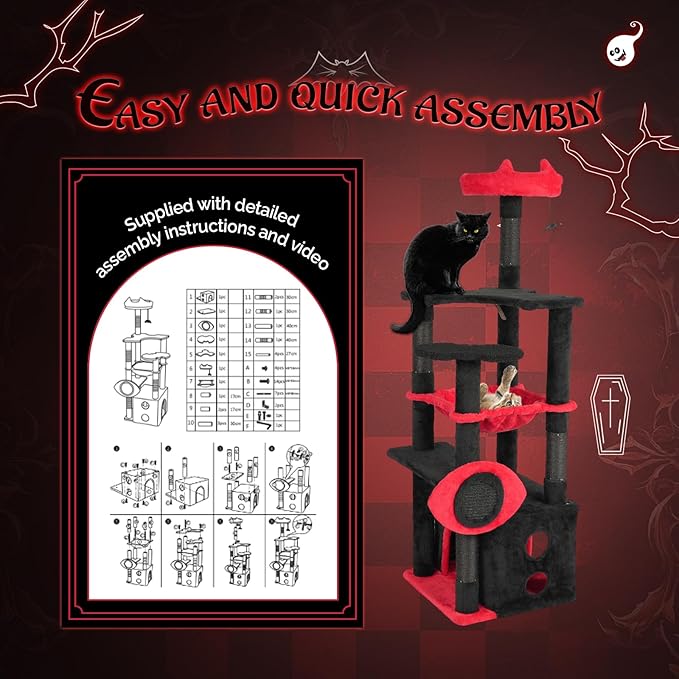 VINGLI 53.2in Gothic Cat Tower with Padded Perch & Spacious Condo, Large Cat Tree with Soft Hammock, Scratching Posts, Hanging Spider Toy, Red & Black Indoor Cat Furniture for Multiple Cats
