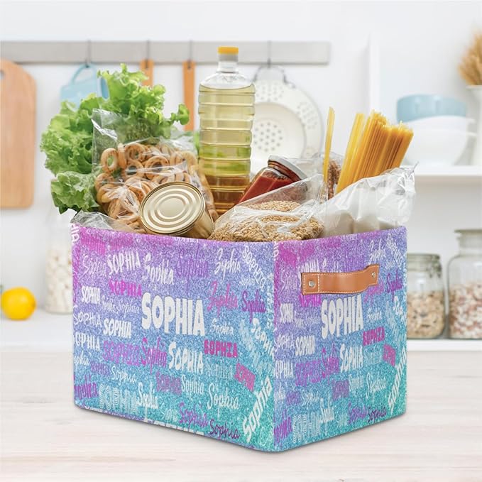 Personalized Foldable Storage Basket with Name, Laundry Hamper Dirty Clothes Pet Toys Storage Bin with Handles for Shelf Home Closet Kitchen, Gradient Purple Blue Glitters Print